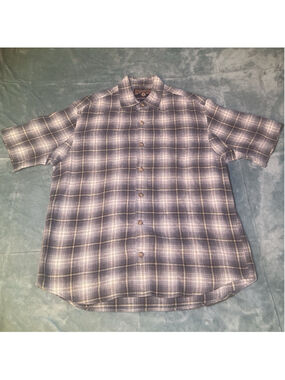 Vintage Brown, blue, & White Plaid flannel short sleeve Shirt Duluth Trading